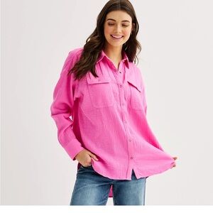 Crinkle gauze cotton women’s shirt in bubblegum pink by so size large NWT